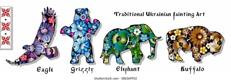 Vector Wild Animals Silhouettes Set Traditional Ukrainian Painting Art Petrikovka Style