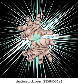 Vector wild anime hands, full color super energy effect.