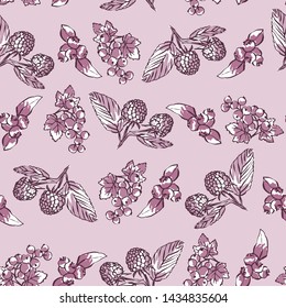 Vector wild berry seamless pattern drawing. Hand drawn pink background of cranberry, currant, raspberry and blueberry. Food background ideal for menu, label, banner, tea or jam packaging.