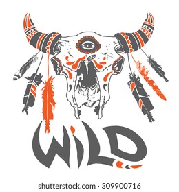 Vector wild bull skull illustration with feathers. Ornate tattoo design element