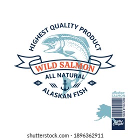 Vector wild caught Alaskan salmon logo. Salmon label with sample text. Seafood logotype design. Fish illustration