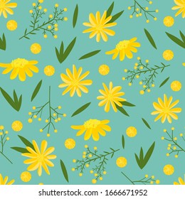 Vector Wild Daisy Illustration with Leaves repeating seamless pattern. Perfect for fabric, wallpaper and scrap booking.