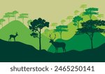 
Vector wild deer with green silhouette in forest with mountains background