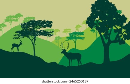 
Vector wild deer with green silhouette in forest with mountains background