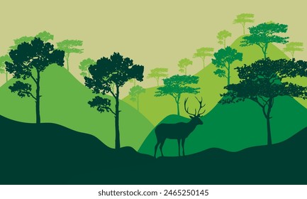 
Vektorgrafik Wildhirsch mit grüner Silhouette im Wald mit Berghintergrund
