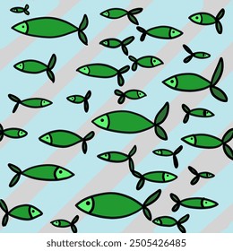 Vector wild fish, different sizes and green colors. And the background is pale blue and pale gray. It's like protecting nature and ecology. It is possible on a poster, notebooks, notebooks.