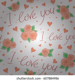 Vector wild flower, spring summer time, nature in bloom, orange and pink holiday motif on a white background allover print. Gentle romantic seamless flower, hearts ditsy pattern.