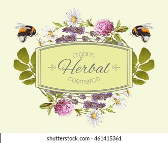 Vector wild flowers and herbs banner with bumblebees. Design for herbal tea, natural cosmetics, honey, health care products, homeopathy, aromatherapy. Can be used as logo design