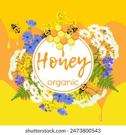 Vector wild flowers, herbs and bees with honeycombs on yellow background. Design for herbal tea, natural cosmetics, honey, health care products, homeopathy, aromatherapy.