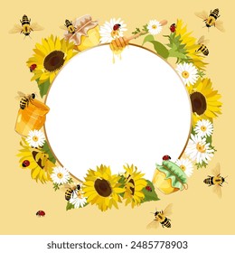 Vector wild flowers, herbs and bees with jars of honey. With space for your text. Design for herbal tea, natural cosmetics, honey, health care products, homeopathy, aromatherapy.
