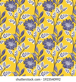 Vector wild flowers and herbs seamless pattern background.