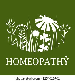 Vector wild flowers and herbs silhouettes banner. Design for herbal tea, natural cosmetics, perfume, health care products, homeopathy.
