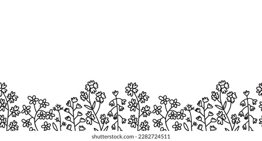 Vector wild flowers seamless border. Hand drawn summer chamomille border.