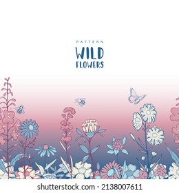 Vector wild flowers seamless pattern or illustration with insects. Blue and pink pastel colors. Doodles and handrawing. Horizontal banner.