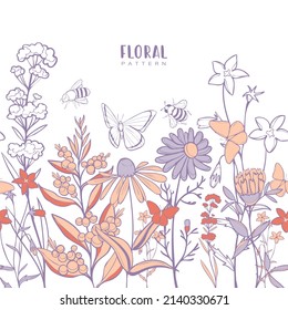 Vector wild flowers seamless pattern or illustration with insects. Blue and pink pastel colors. Doodles and handrawing. Horizontal banner.