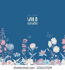 Vector wild flowers seamless pattern or illustration with insects. Blue and pink pastel colors. Doodles and handrawing. Horizontal banner.