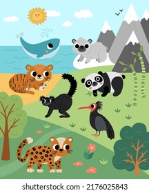 Vector wild forest, mountains, ocean scene with trees, extinct animals, birds. Woodland scenery with tiger, leopard, panda, whale, polar bear. Wild nature landscape illustration or background. 

