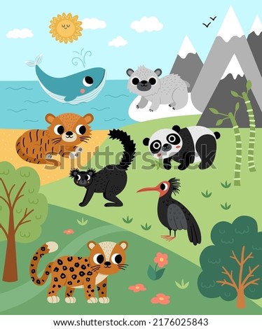 Vector wild forest, mountains, ocean scene with trees, extinct animals, birds. Woodland scenery with tiger, leopard, panda, whale, polar bear. Wild nature landscape illustration or background. 
