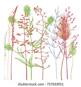 Vector wild grass. Colorful meadow. Green and pink.