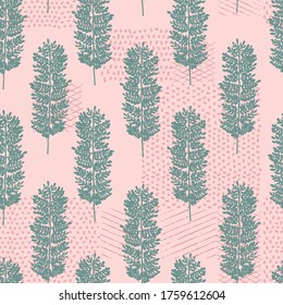 Vector wild grass herb leaf seamless repeat pattern. pink background