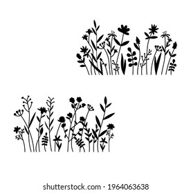 Vector wild herbs and flowers silhouette background. Field with grass and wildflowers isolated on a white background