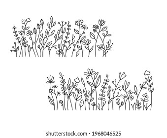 Vector wild herbs and flowers silhouette background. Field with grass and wildflowers isolated.