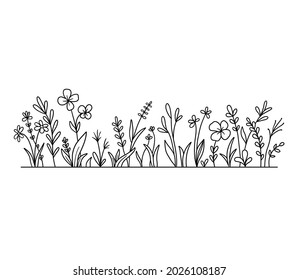 Hierbas silvestres vectoriales y fondo de silueta de flores. Campo con césped y flores silvestres aisladas en blanco.