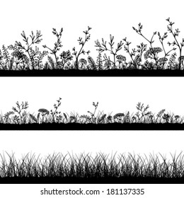 Vector wild herbs and flowers silhouettes. Three horizontal grass templates. Black silhouettes on white background. Easy to modify.