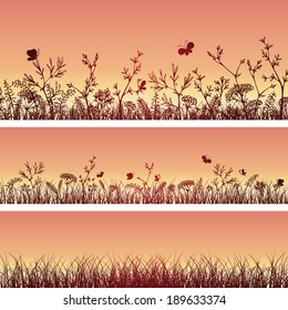 Vector wild herbs and flowers silhouettes. Three horizontal grass templates. Dark silhouettes on sunset background.