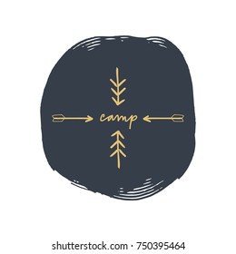 Vector wild label, cute picture, golden arrows, paint stain, logo, doodle, camping.