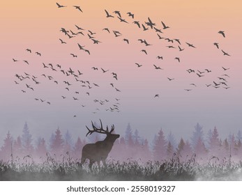 Vector of Wild life situation at early morning time, with elk, flock of bird.