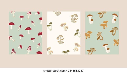 vector wild mushrooms, patterns, cards