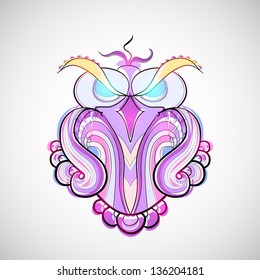 Vector wild predatory owl, pink purple violet color, glamour bright style, glass or  crystal statue