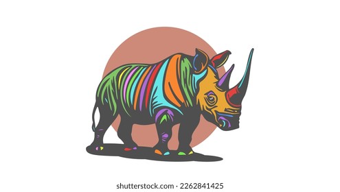 Rinocerontes bicornios africanos de colores vivos tristes multicolores o arcoiris sobre un fondo blanco aislado.