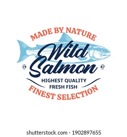 Vector wild salmon logo. Salmon label with sample text. Seafood logotype design. Salmon fish illustration