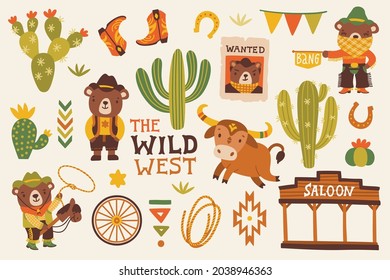 Vector Wild West poster with the cute sheriff, cowboy, bandit, and bull. Childish background with western symbols and handwritten text "The Wild West"