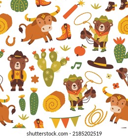 Vector Wild West seamless pattern with cowboy, sheriff, bull, cactuses and decorations. Cute kids repeated texture with teddy bears. Vintage print with cartoon characters for fabric, wrapping paper.
