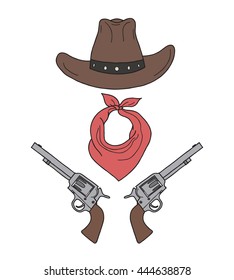 Vector Wild West Western Colored Elements. Hand Drawn Cowboy Accessories.Hat, Bandana, Revolvers on White Background. Doodle Boy Isolated Illustration