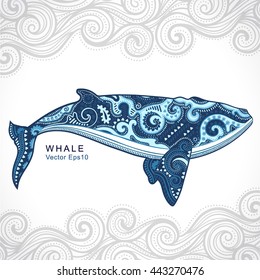 Vector wild Whale with tribal and ethnic ornaments 