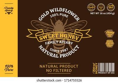 Vector wildflower honey label in brown, yellow and white colors. Honey packaging design elements for apiary and beekeeping products, branding and identity