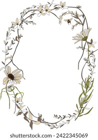 Vector wildflower wreath with daisy, tiny abstract flowers, twigs, oval frame for elegant greeting card, botanical design art