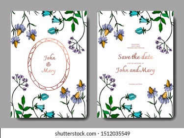 Vector Wildflowers floral botanical flowers. Black and white engraved ink art. Wedding background card decorative border. Thank you, rsvp, invitation elegant card illustration graphic set banner.