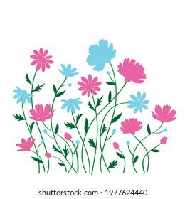 Vector wildflowers. Floral summer composition. Flowering, chamomile, buttercups, leaves. Botanical garden, nature, meadow. For seasonal home decor