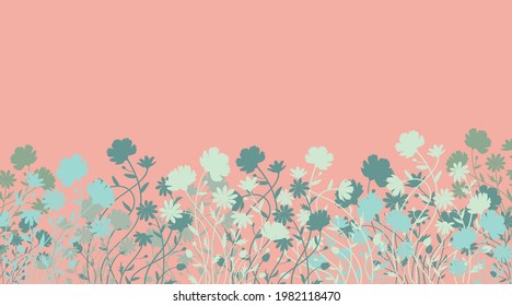 Flores virales en un fondo rosado. Banner de verano florido en tonos pastel. Prado de flores, césped. Cartel de venta de verano. hierba verde, azul floral, hojas.