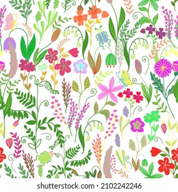 
Vector wildflowers seamless pattern. Design of fabrics, covers, wallpapers, packaging, children's clothing.