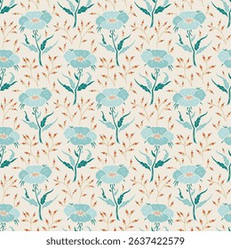 Vector Wildflowers Seamless Pattern. Floral Background with Turquoise Flowers and Red Berry Branches. Beautiful Ditsy Floral Print for Spring, Summer, Autumn Nature Vintage Wallpaper