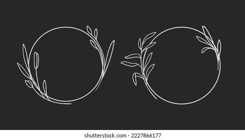 Vector Wildflowers Wreath Frame Line art isolated on black background. Wedding Circle border. Vector elegant wreath template design
