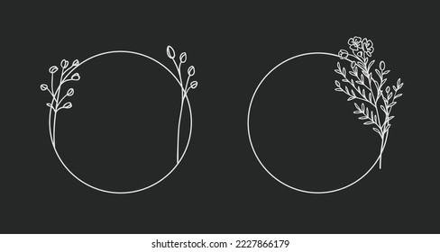 Vector Wildflowers Arte de la línea de trama Wreath aislado en el fondo negro.  Borde Círculo de boda. Wreath vectorial elegante
