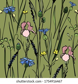 Flores virales vectoriales.Patrón vectorial floral sin costuras en un fondo verde.Flores delgadas para invitaciones de boda, tarjetas de felicitación y tarjetas de visita. 