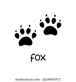 Vector wildlife fox trails. Fox paw steps illustration. Black silhouette animal track card with text Fox in flat design.